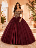 Burgundy Gold Off Shoulder Metallic Brocade Quinceanera Princess Formal Ball Gown front view