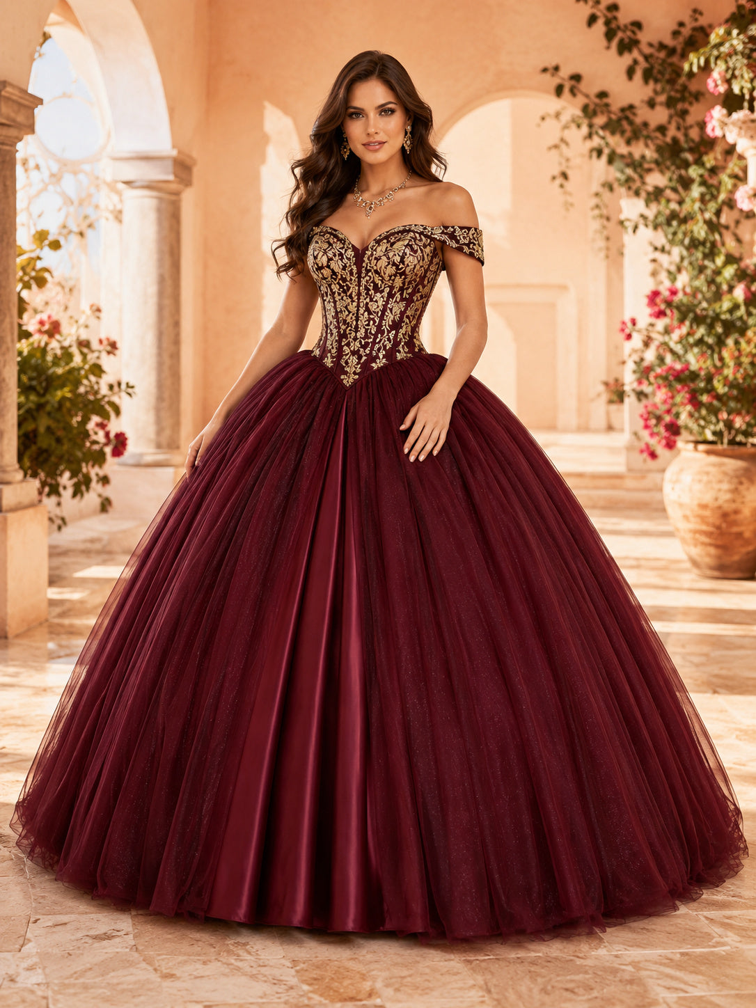 Burgundy Gold Off Shoulder Metallic Brocade Quinceanera Princess Formal Ball Gown front view