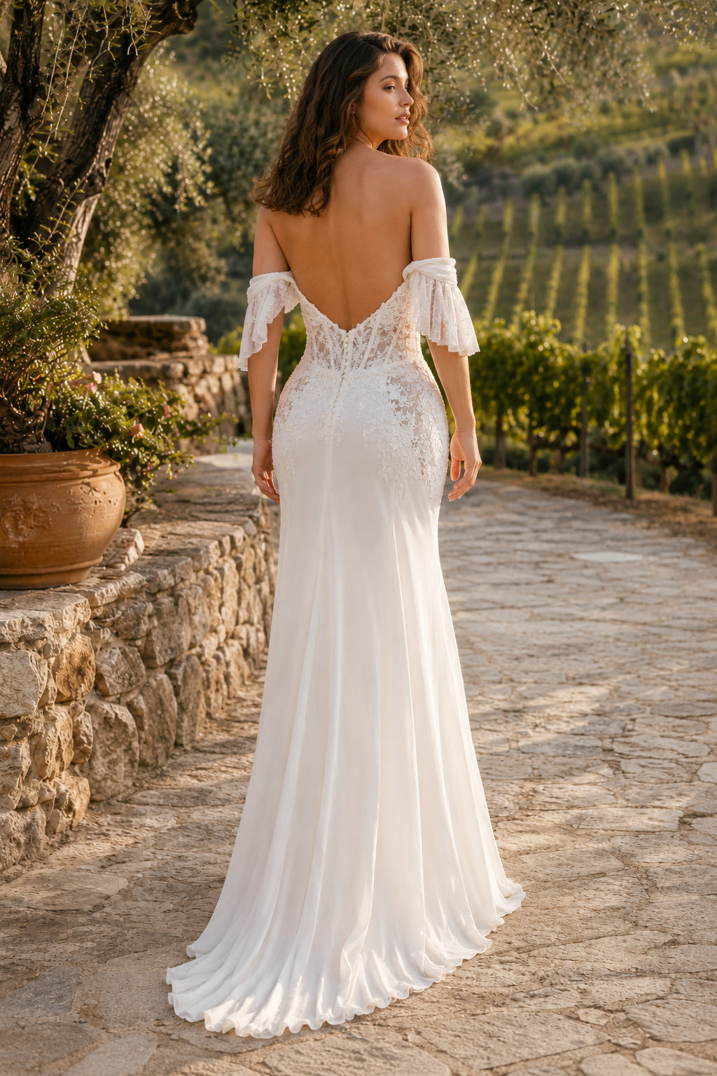 Ivory Sexy Off-the-Shoulder Sheath Chiffon Lace Wedding Dress with Flutter Sleeves and Sweep Train back view