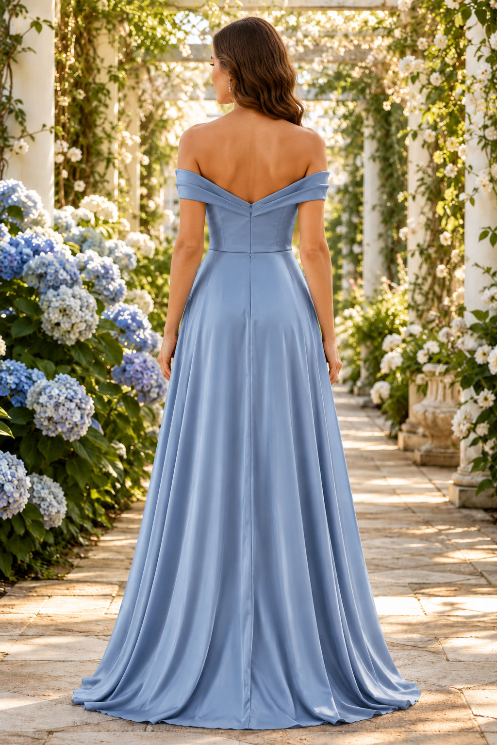 Steel Blue Off-the-Shoulder Satin A-Line Bridesmaid Dress with Sweetheart Neck and Side Split back view