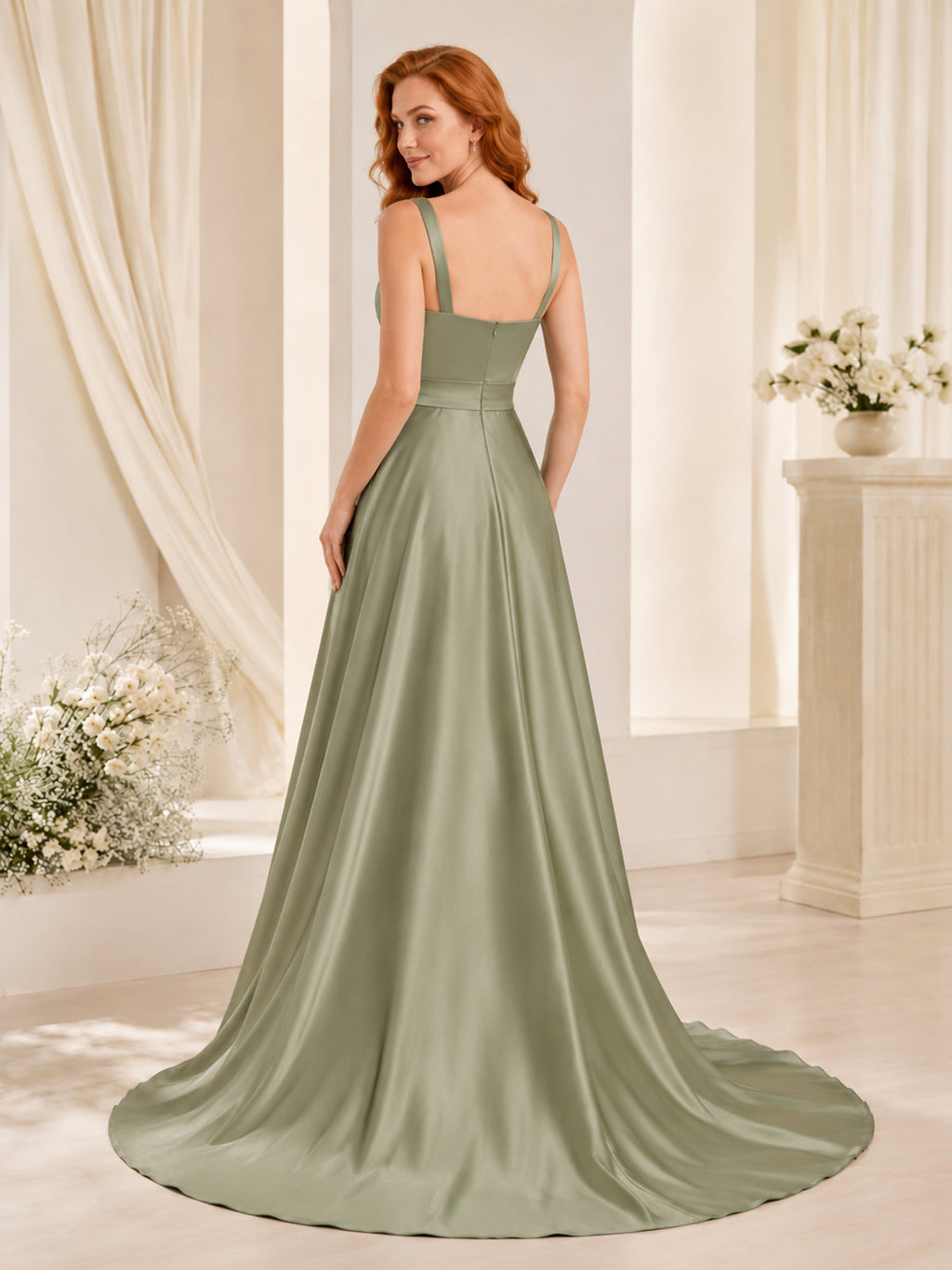 Sage Green Square Neck Draped Satin A-Line Sweep Train Wedding Gown back view