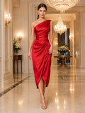 Red satin one shoulder wrap sheath charity midi dress front view