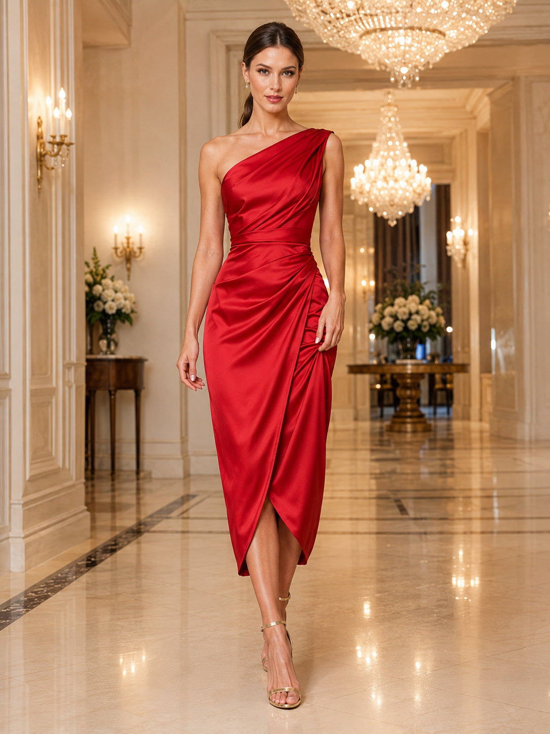 Red satin one shoulder wrap sheath charity midi dress front view