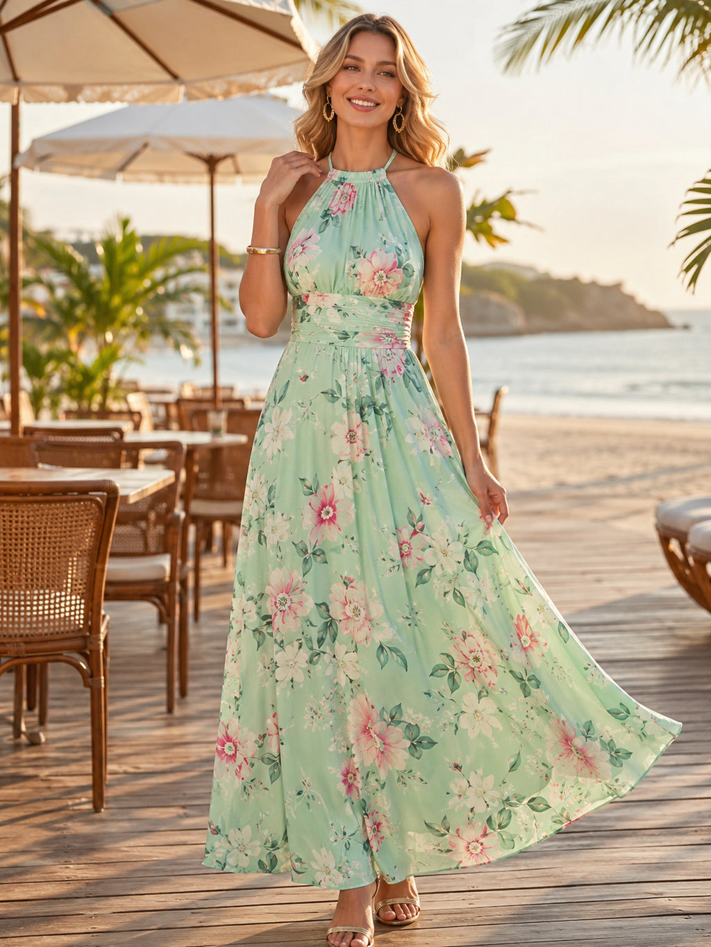 Mint Floral Halter Neck Beach Vacation Maxi Dress front view