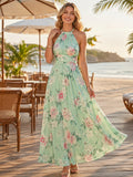 Mint Floral Halter Neck Beach Vacation Maxi Dress front view