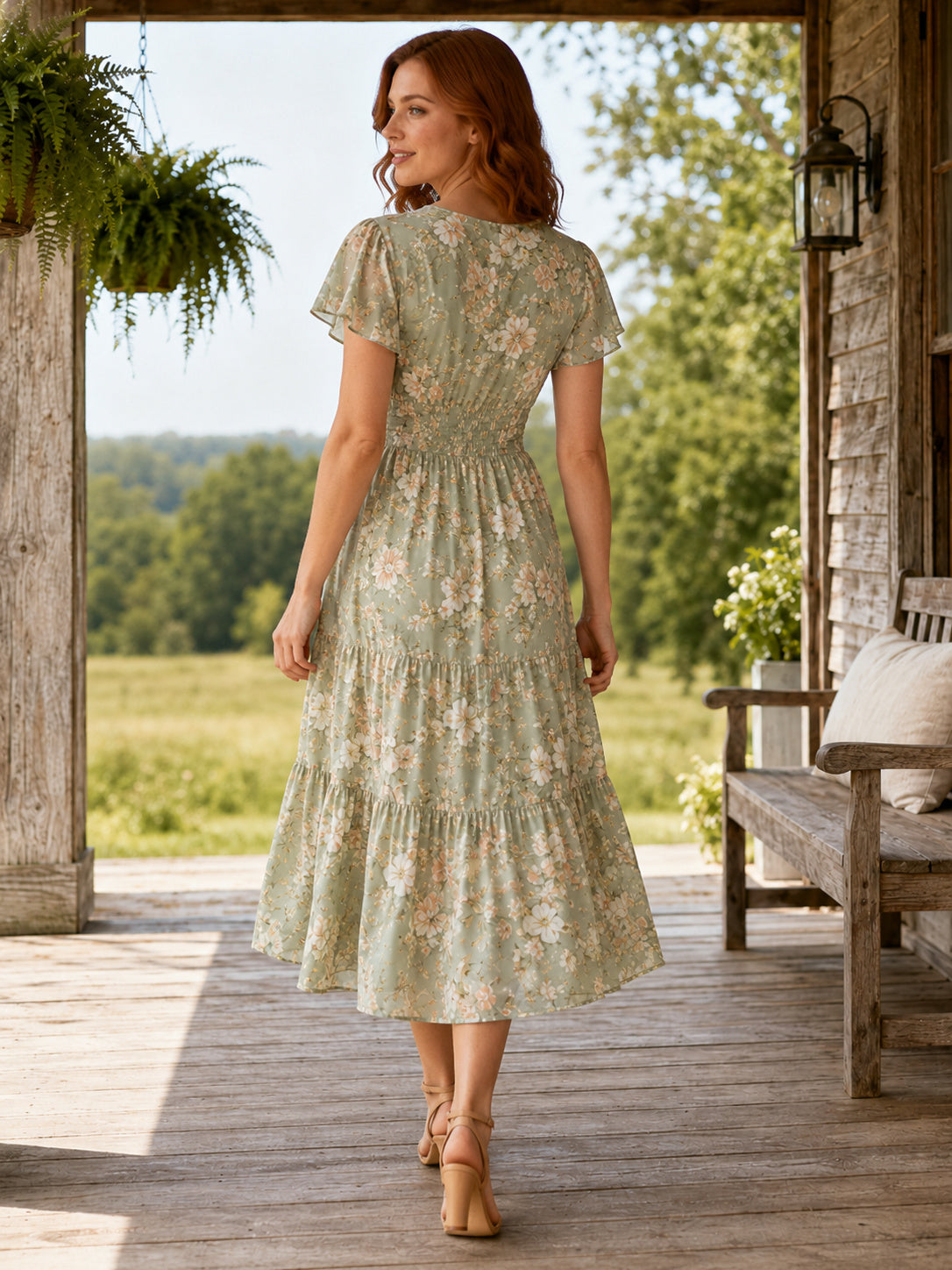 Sage floral V-neck short sleeve farmhouse guest midi dress back view