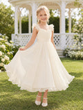 Ivory Chiffon A-Line Flower Girl Dress with Short Sleeve, V-Neck, Tea-Length Skirt, Bow Detail front view