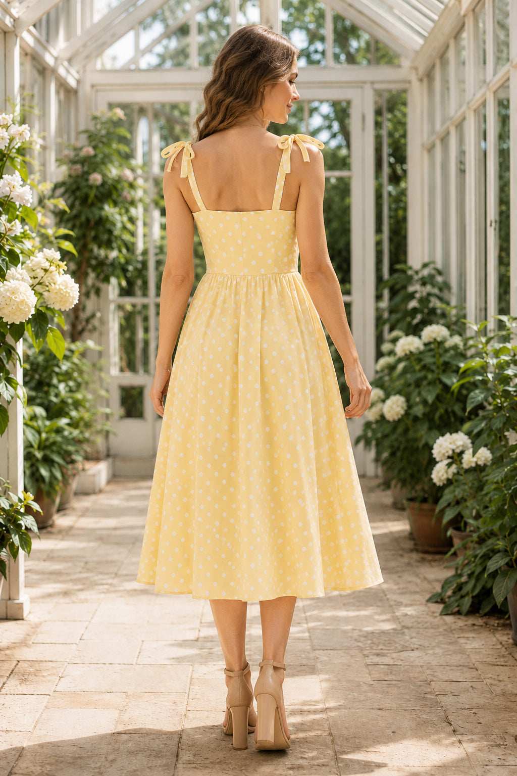 Polka Dot Midi Dress Daffodil A-Line Sweetheart Tie Strap Tea Length back view
