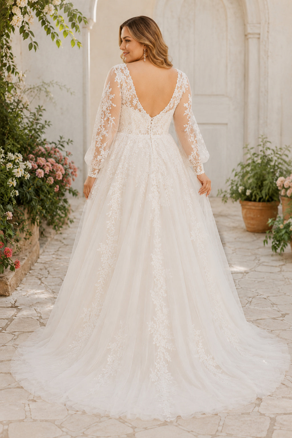 Plus Size Ivory V-Neck Long Illusion Sleeve Lace Tulle A-Line Wedding Dress with Long Lace Sleeves and Soft Tulle Train back