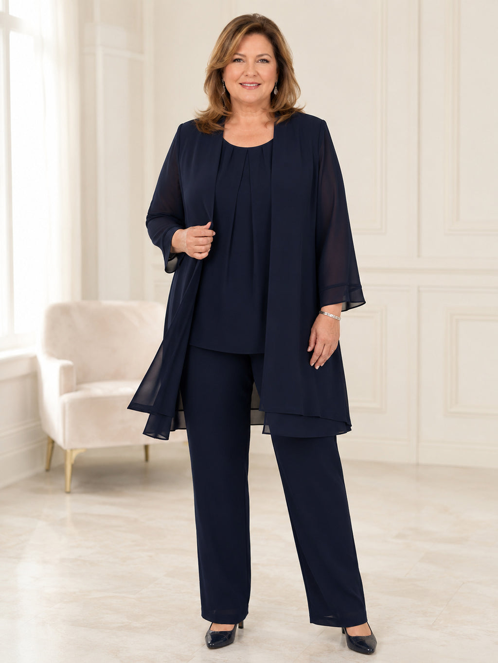 Plus Size Dark Navy Modest Mother Three-Piece Pantsuit Jewel Neck Three-Quarter Split Sleeve Chiffon Long Jacket Set front vi