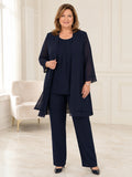 Plus Size Dark Navy Modest Mother Three-Piece Pantsuit Jewel Neck Three-Quarter Split Sleeve Chiffon Long Jacket Set front vi
