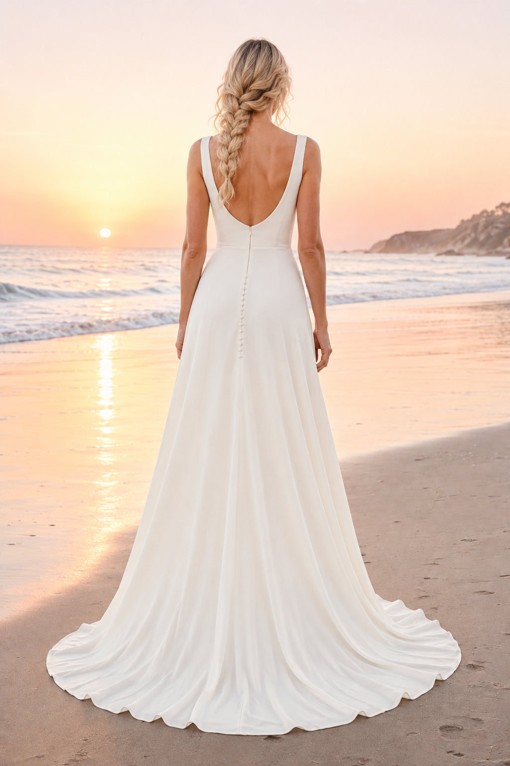 White Bateau Neck Simple Chiffon A-Line Wedding Dress Sweep Train for Bridal Ceremony and Reception back view