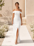 White off shoulder crepe sheath floor length bridesmaid gown with slit front view