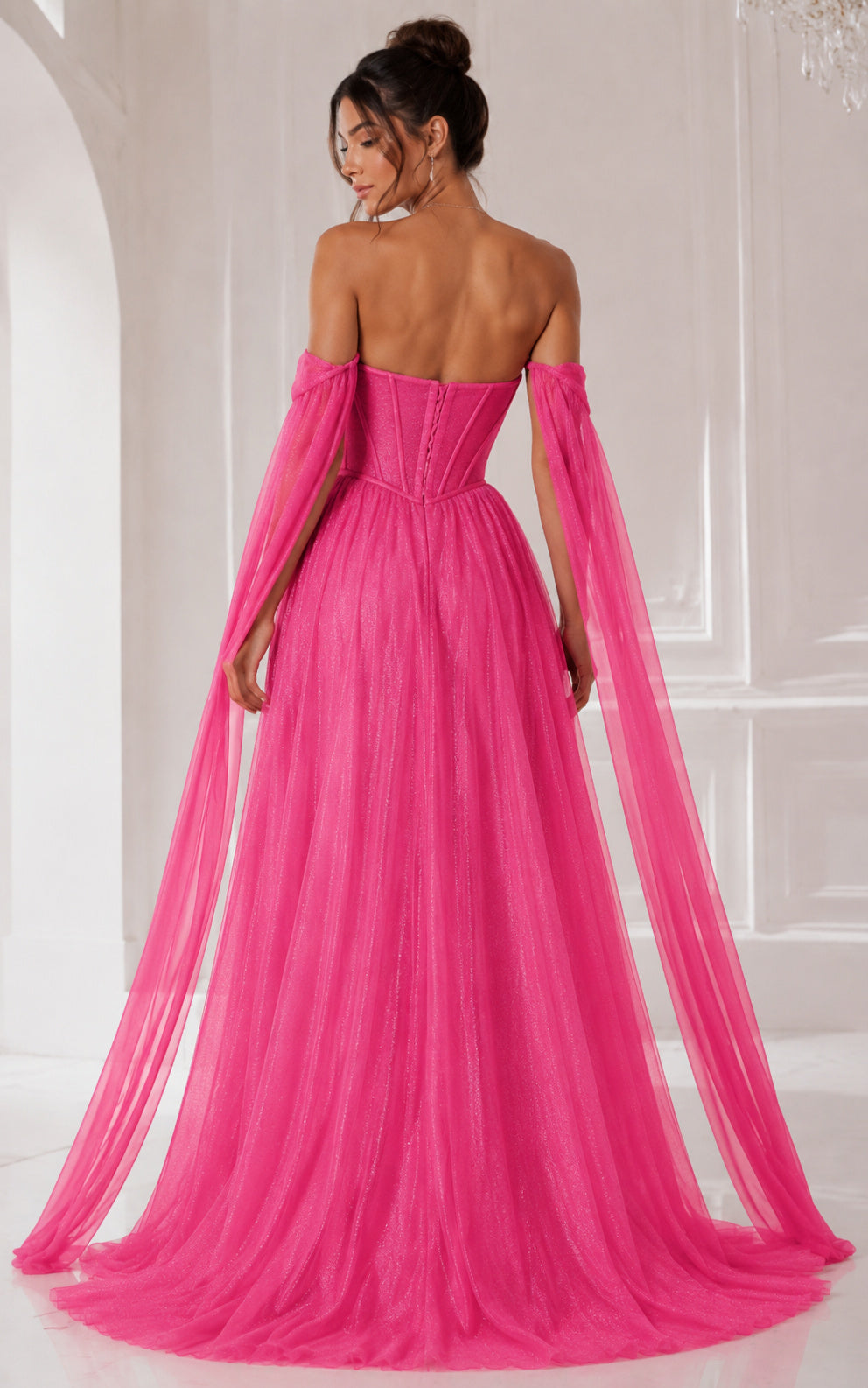 Hot Pink Corset Prom Dress with Detachable Sleeves V-Neck A-Line Gown back view