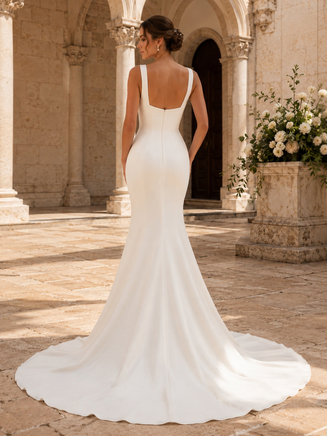 Minimalist Satin Wedding Dress Mermaid Square Neck Sleeveless Sweep Train Bridal Gown back view