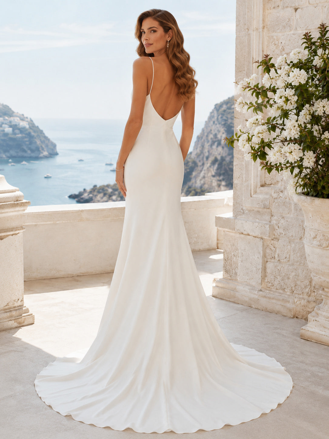Minimalist Satin Wedding Dress Mermaid Spaghetti Strap Sweep Train Bridal Gown back view