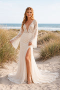 Ivory Long Bell Sleeve Lace Mermaid Wedding Dress Split Train for Wedding Ceremony and Reception front view