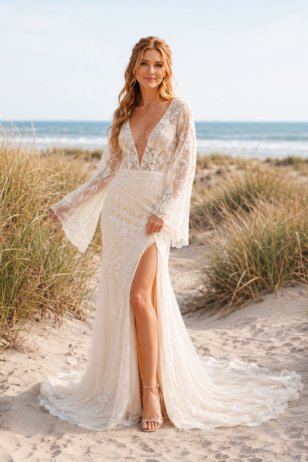 Ivory Long Bell Sleeve Lace Mermaid Wedding Dress Split Train for Wedding Ceremony and Reception front view