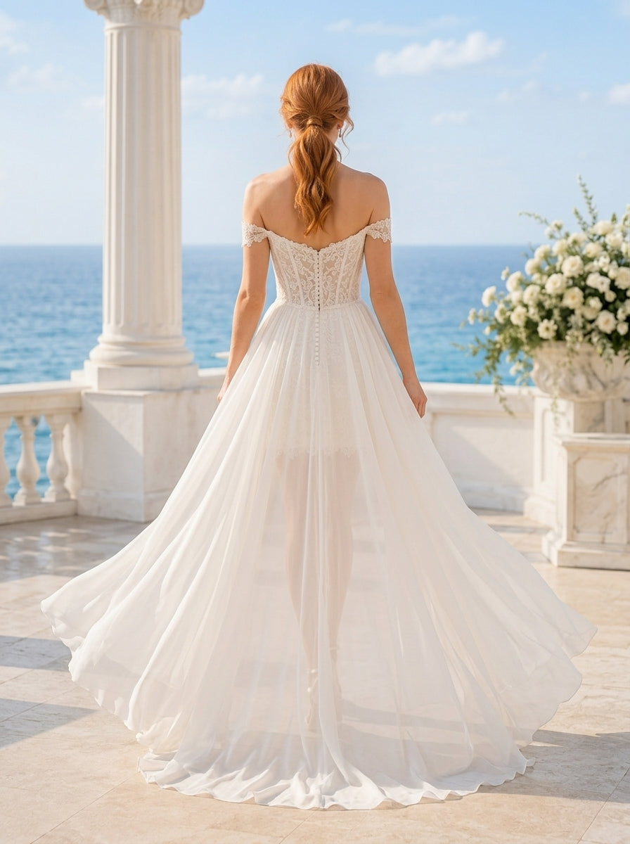 Off Shoulder Lace Mini Wedding Dress Tulle Train back view