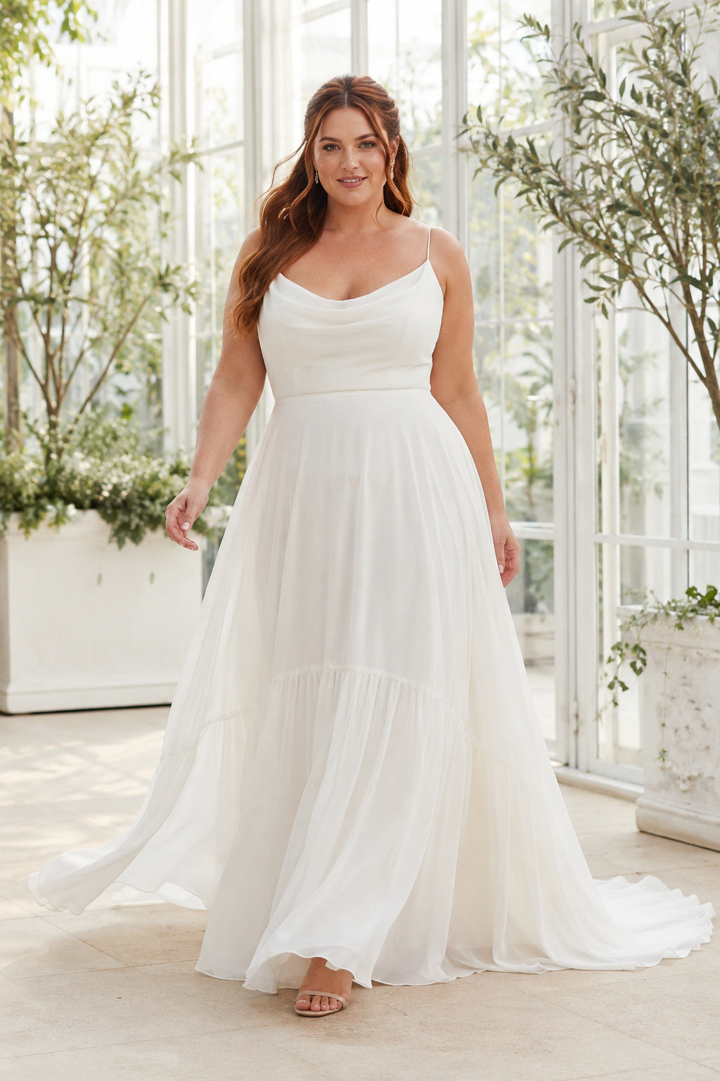 White Plus Size Scoop Neck Chiffon A-Line Wedding Dress with Wide Straps and Soft Train front view