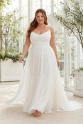 White Plus Size Scoop Neck Chiffon A-Line Wedding Dress with Wide Straps and Soft Train front view