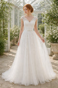 White Scoop Three-Quarter Sleeves A-Line Lace Floor-length Wedding Dress With Lace and Lace Bodice and Open Back