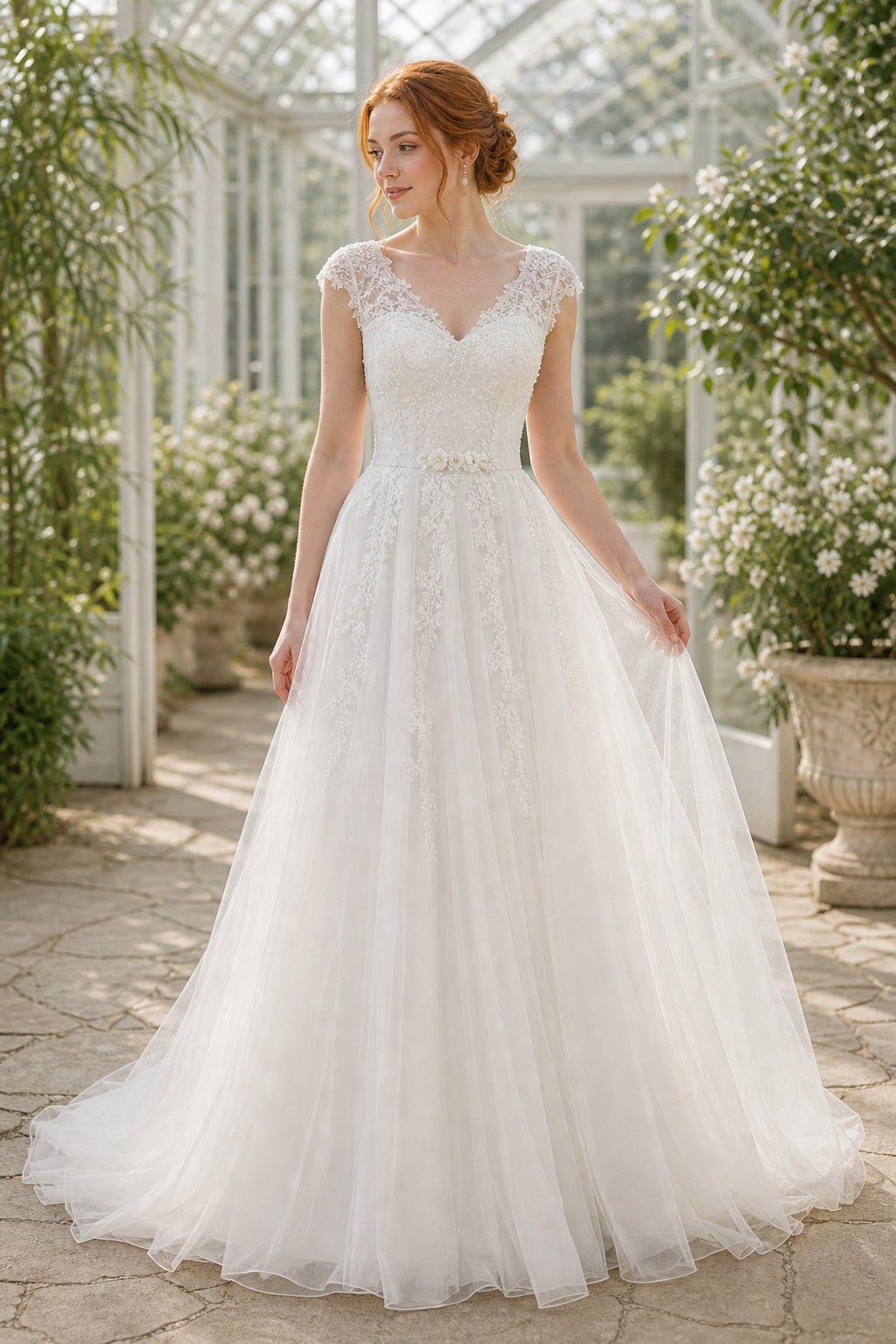 White Scoop Three-Quarter Sleeves A-Line Lace Floor-length Wedding Dress With Lace and Lace Bodice and Open Back
