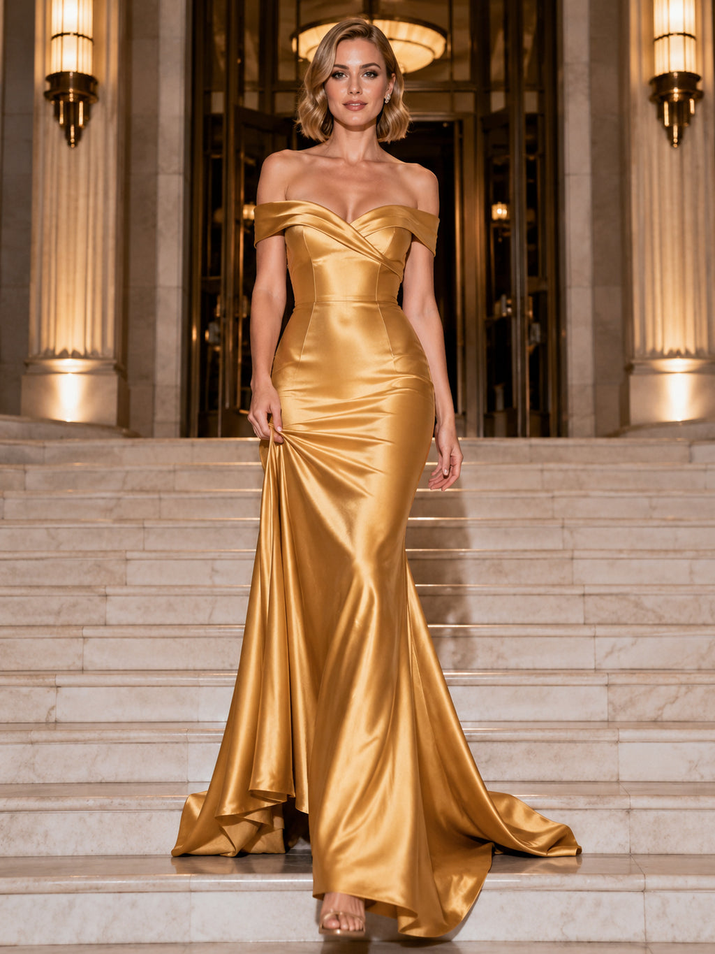 Gold off shoulder satin mermaid opening night gown front view