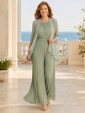 Mother Sage Chiffon Pantsuit with Jewel Neck Pleated Bodice and Flowing Wide Leg Pants front view