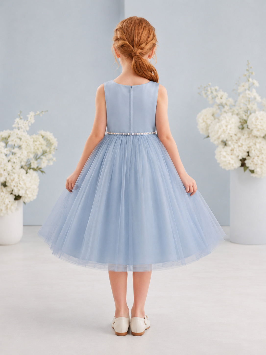 Flower Girl Dress Steel Blue Tulle A-Line Sleeveless Jewel Neck Tea Length Floral Applique back view