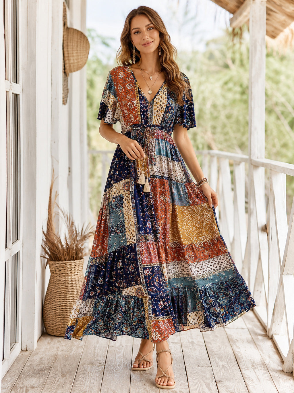 Navy Patchwork Print V-Neck Short Sleeve Boho Maxi Dress front view