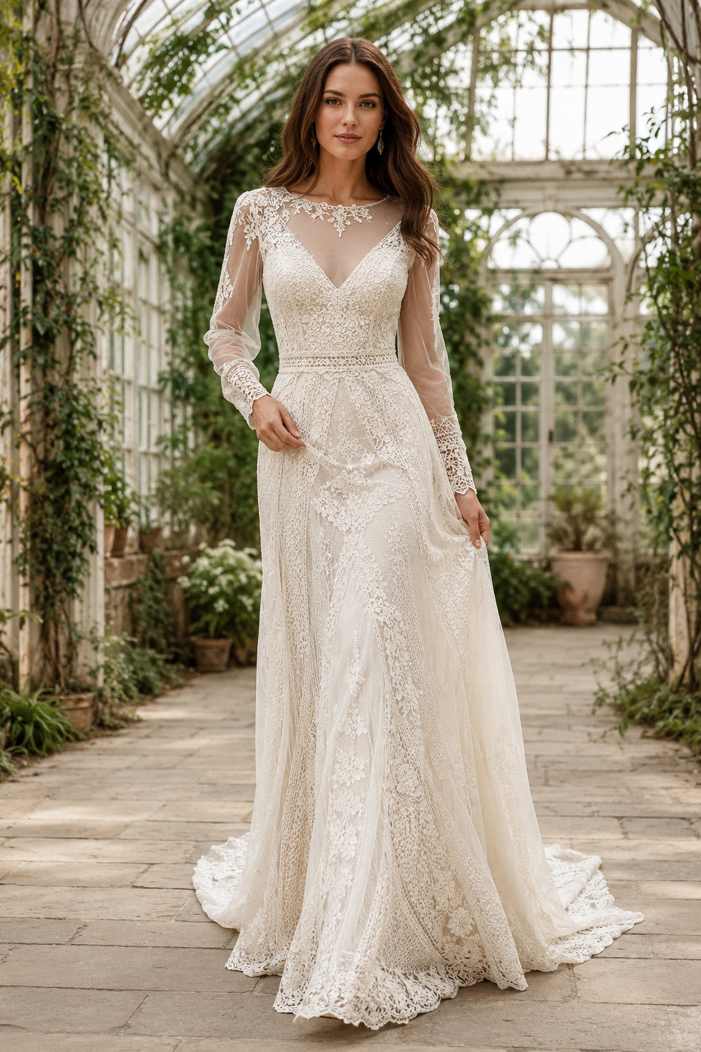 Ivory Long Sleeve Illusion V-Neck A-Line Wedding Dress with Lace Skirt and Sweep Train front view