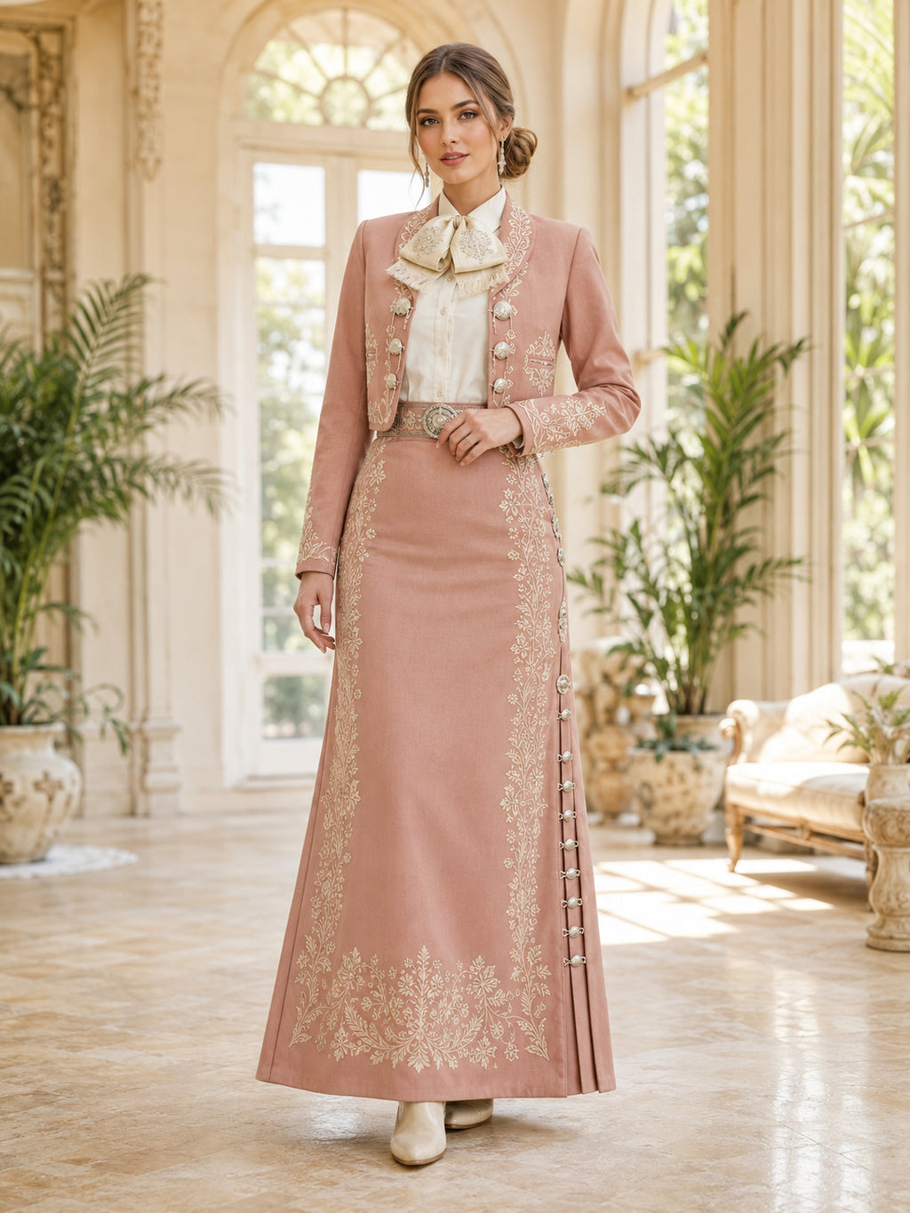 Dusty Rose Charro Two Piece Floor Length Bow Neck Embroidered Jacket Dress Set front view