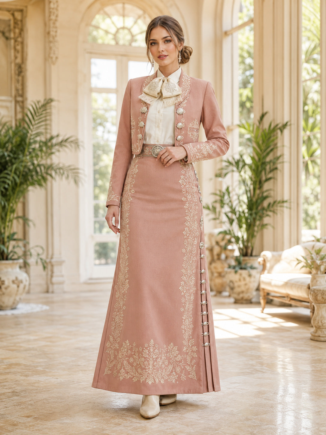 Dusty Rose Charro Two Piece Floor Length Bow Neck Embroidered Jacket Dress Set front view