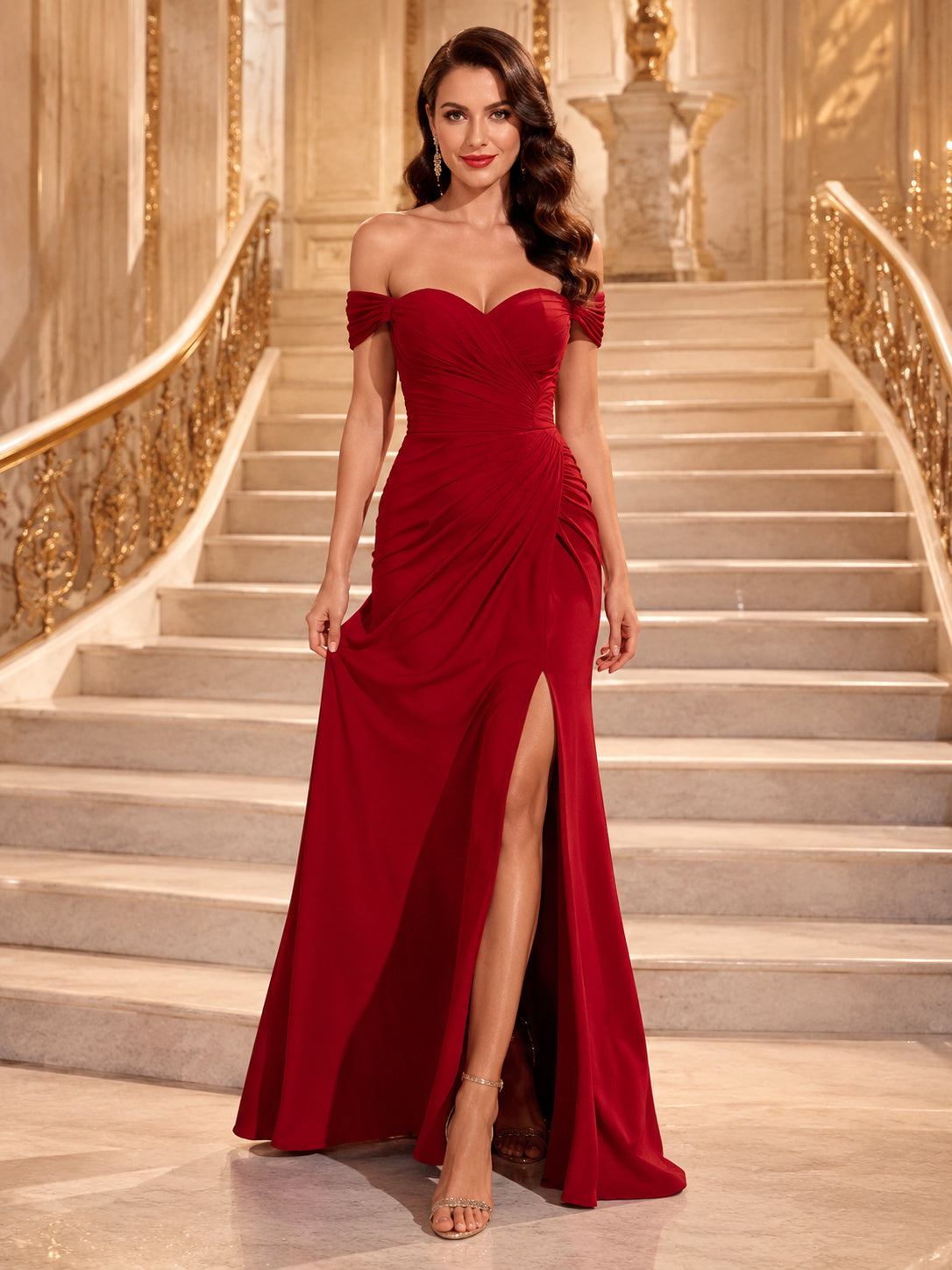 Red Glamour Off-the-shoulder Slit Evening Gown front view