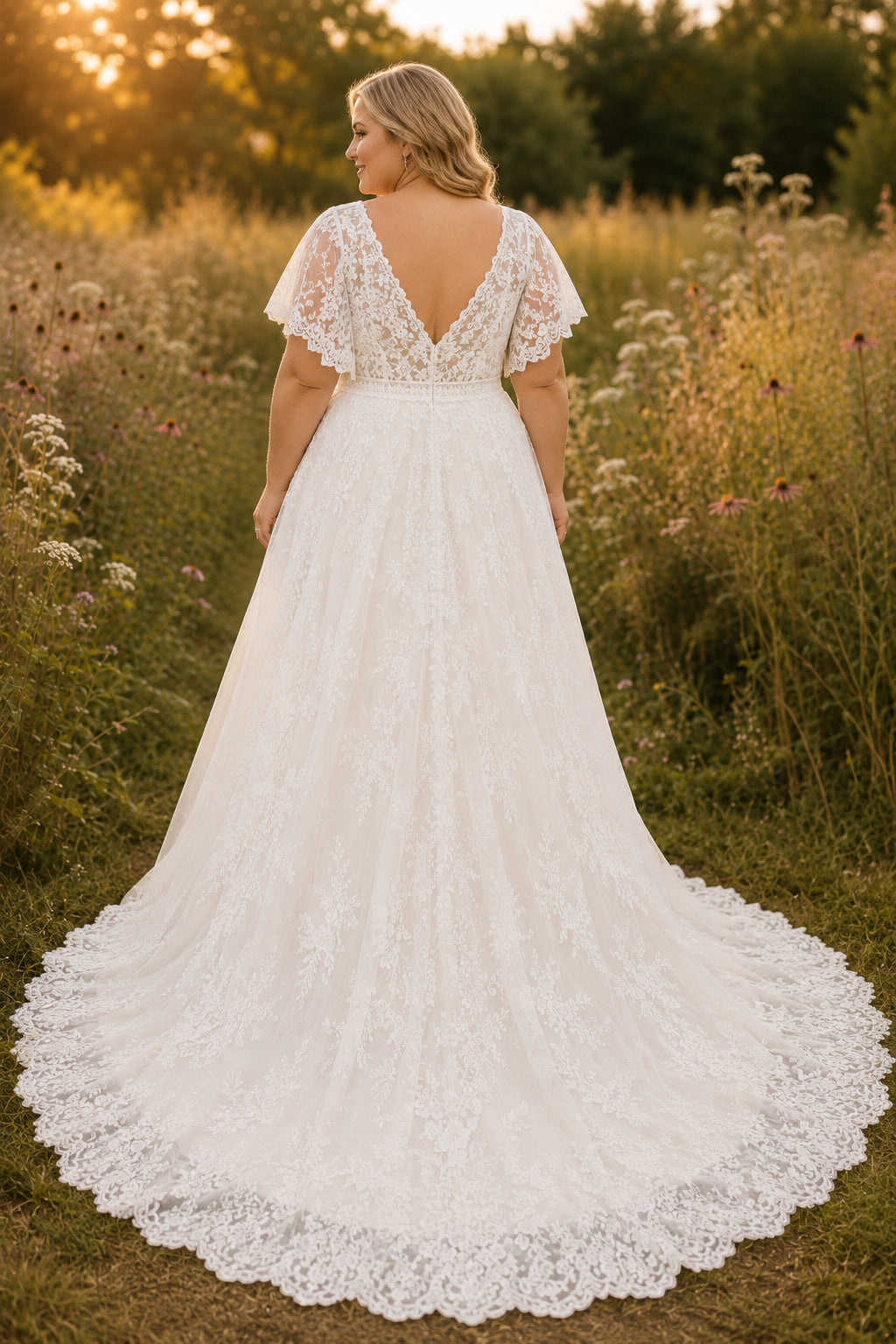 Plus Size Ivory V-Neck Flutter Sleeve Lace Tulle A-Line Wedding Dress with Flutter Sleeves and Lace Chapel Train back view