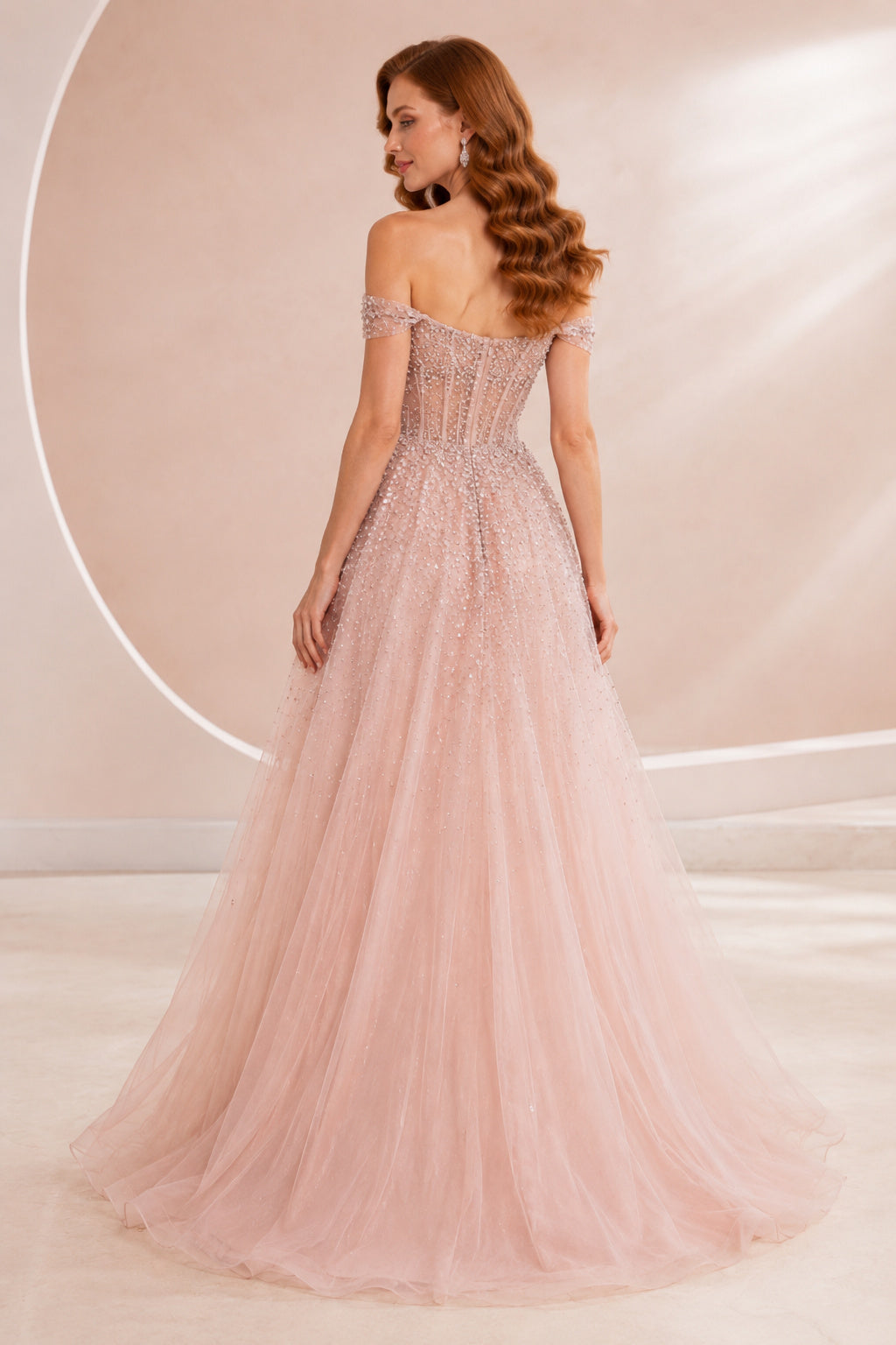 Blushing Pink Off-the-Shoulder Tulle Ball Gown with Sparkle Bodice back view