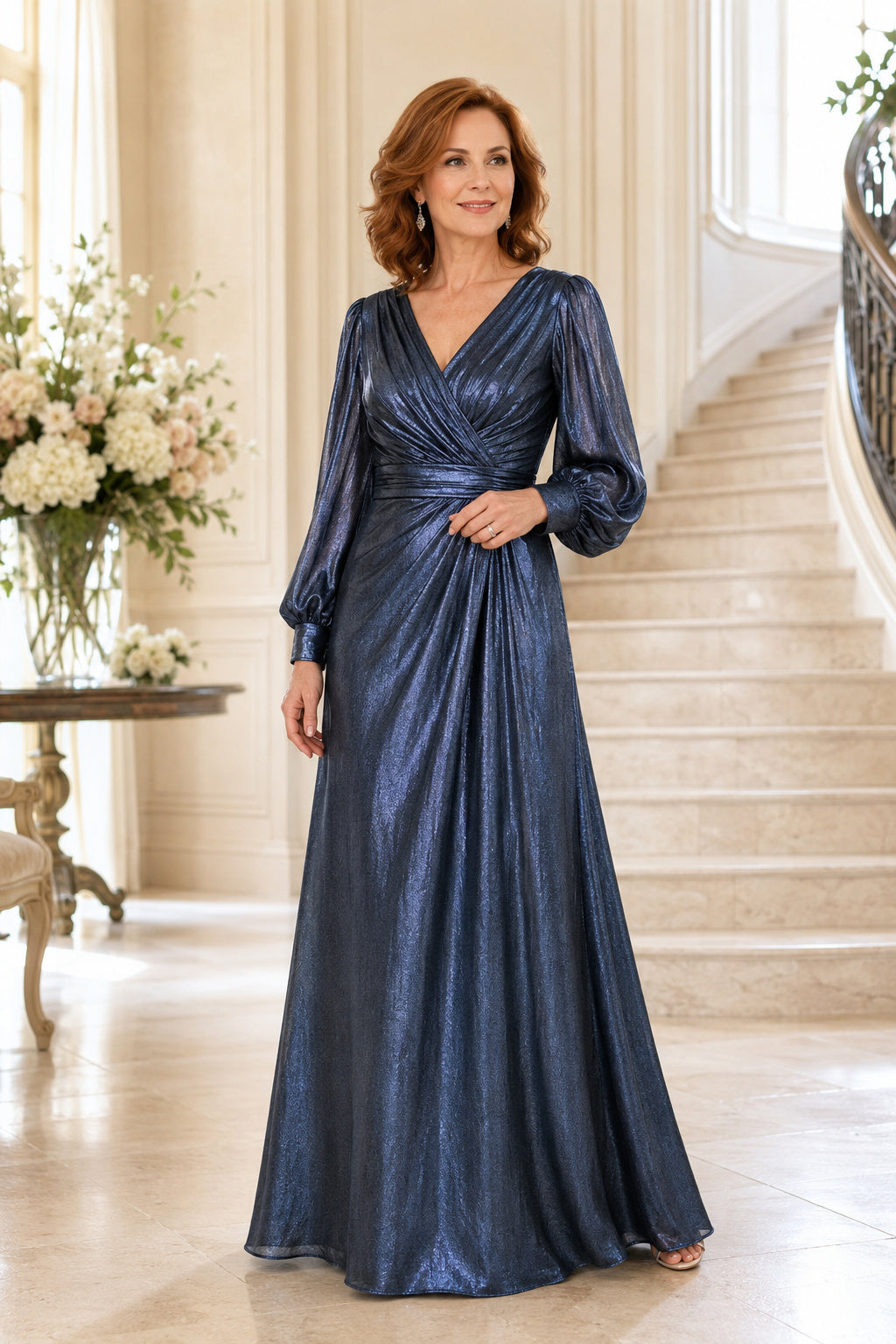 Dark Navy Metallic Long Sleeve V-Neck A-Line Mother Dress with Pleated Skirt front view