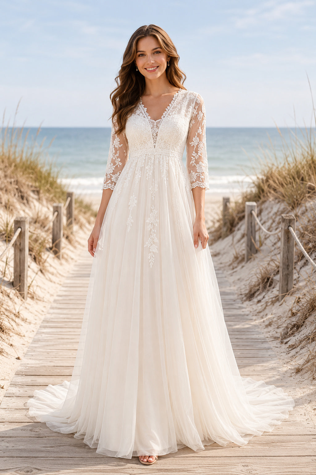 Ivory Boho V-Neck A-Line Soft Tulle Wedding Dress with Three Quarter Lace Sleeves and Sweep Train front view