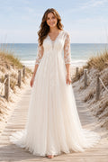 Ivory Boho V-Neck A-Line Soft Tulle Wedding Dress with Three Quarter Lace Sleeves and Sweep Train front view