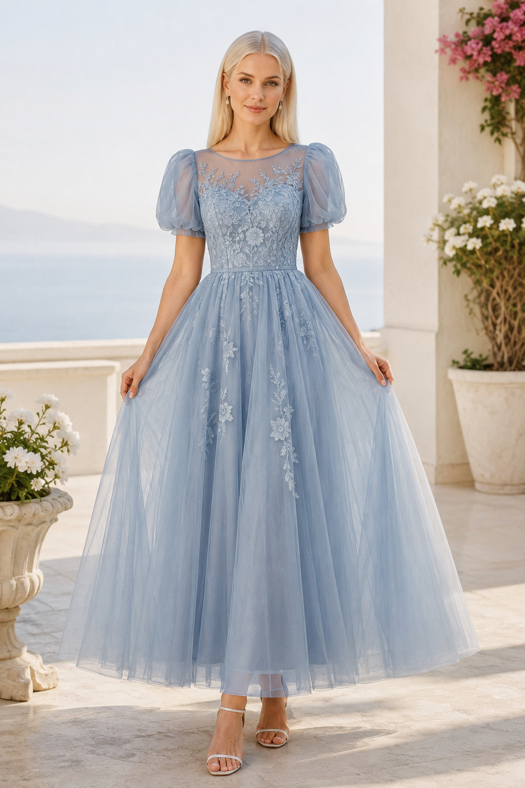 Sky Blue Puff Sleeve Lace Applique Bodice with Tulle Skirt Tea Length A-Line Prom Dress front view