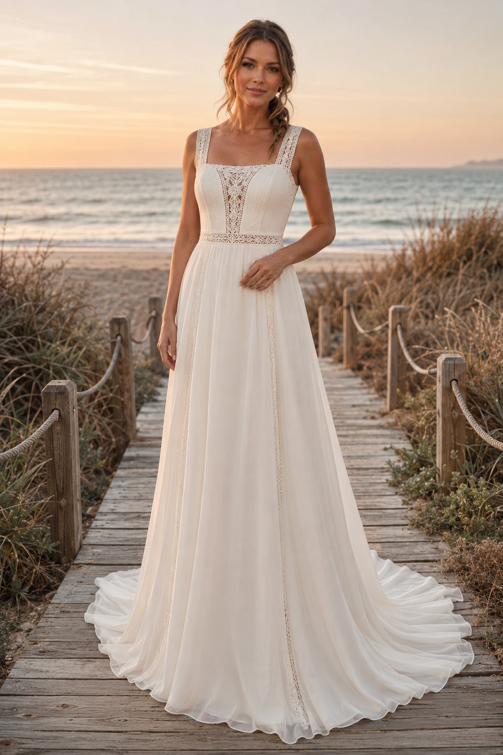 Ivory Square Strap Chiffon A-Line Wedding Dress Lace Bodice Train for Bridal Ceremony and Reception front view