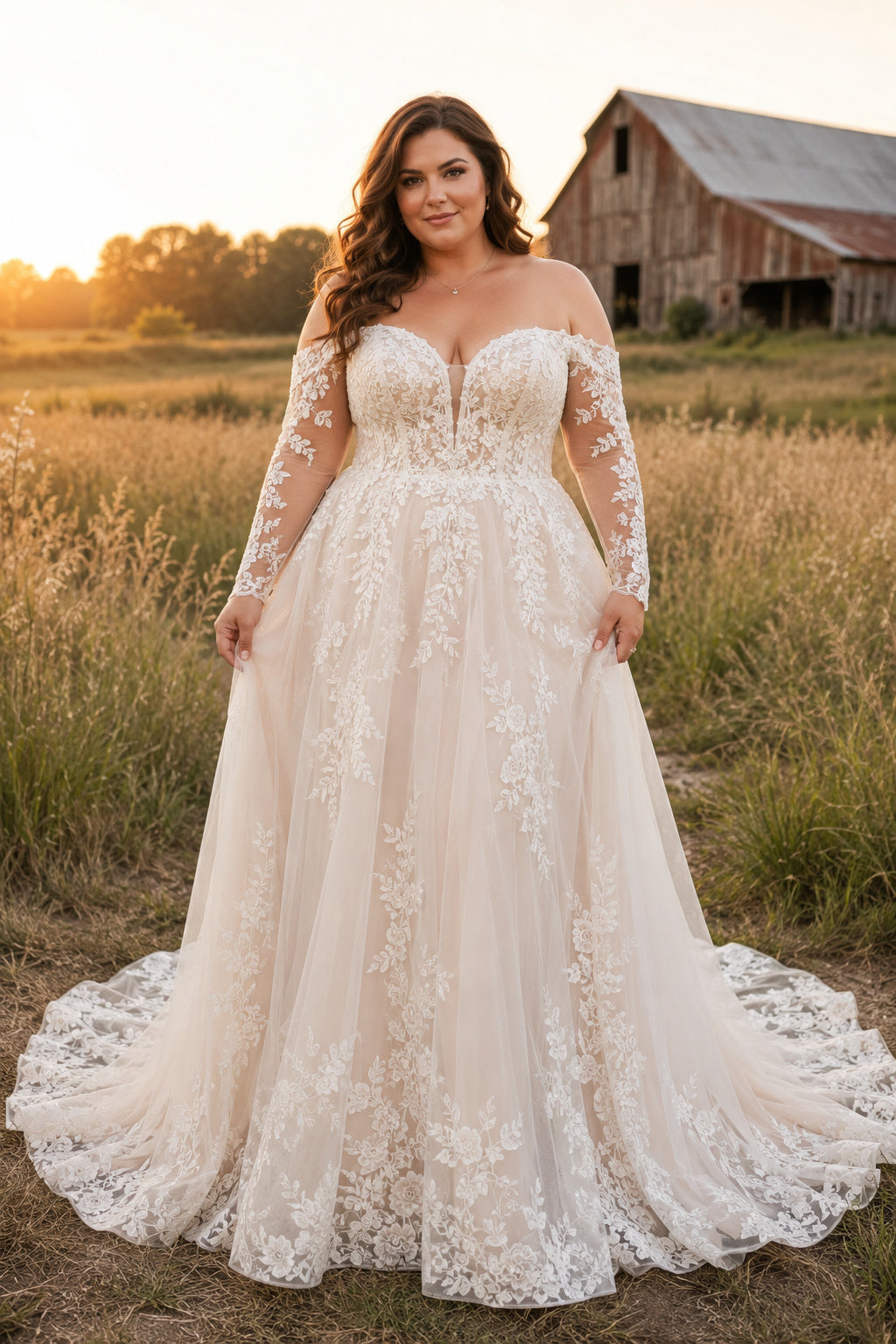 Plus Size Ivory Off-the-Shoulder Long Illusion Sleeve Lace Tulle A-Line Wedding Dress with Chapel Train front view