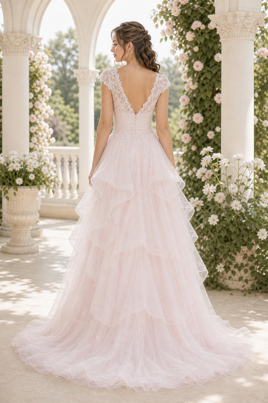Blush V-neck Cap Sleeves Ball Gown Tulle Floor-length Wedding Dress With Ruffles and Lace and Open Back