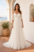 White Sweetheart Off-the-shoulder A-Line Tulle Floor-length Wedding Dress With Tulle Skirt and Train and Lace-up Back