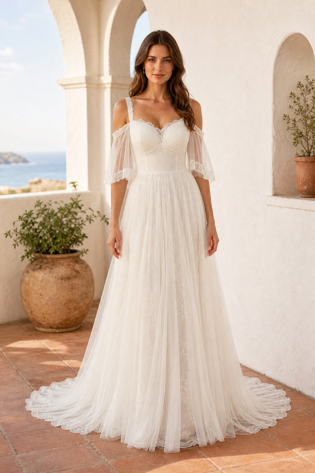 White Sweetheart Off-the-shoulder A-Line Tulle Floor-length Wedding Dress With Tulle Skirt and Train and Lace-up Back