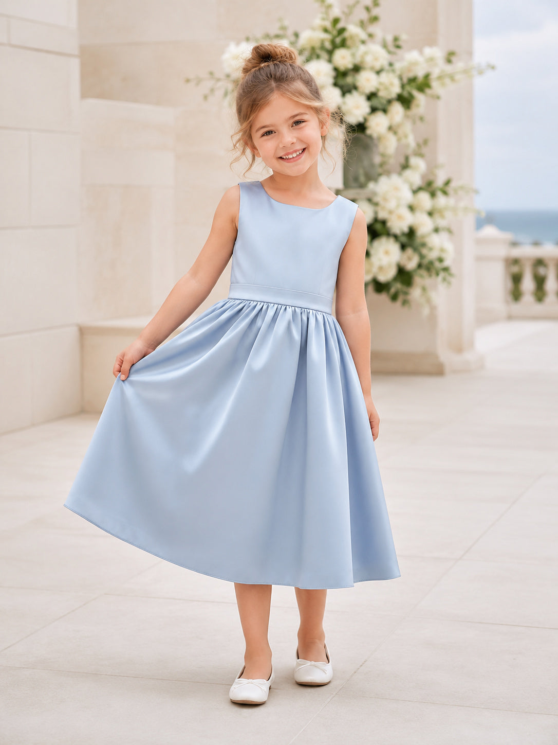 Steel Blue Pleated Satin A-Line Flower Girl Dress with Jewel Neck, Sleeveless, and Tea-length Skirt front view