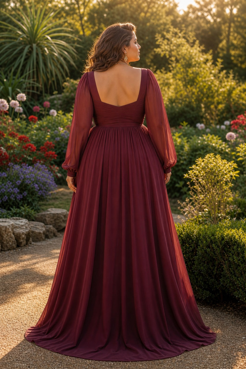 Burgundy Square Neck Floor-Length Chiffon A-Line Dress