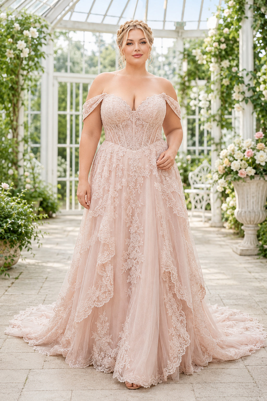 Plus Size Blushing Pink Off-the-Shoulder Flutter Sleeve Lace Tulle A-Line Wedding Dress with Lace Appliques front view