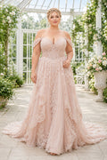 Plus Size Blushing Pink Off-the-Shoulder Flutter Sleeve Lace Tulle A-Line Wedding Dress with Lace Appliques front view